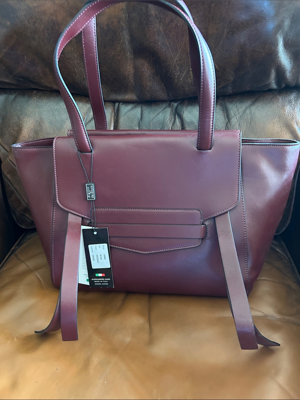 Women's Merlot genuine Leather Tote Handbag with Front Flap